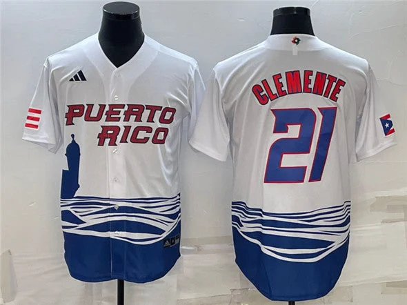 Baseball Jersey For Custom Player Fit-Men's Puerto Rico Baseball #21 Roberto Clemente 2023 White World Baseball Classic Stitched Jersey