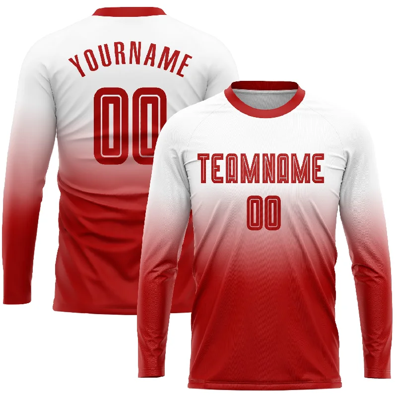 Football Jersey With Name On Back-Custom White Red Sublimation Long Sleeve Fade Fashion Soccer Uniform Jersey