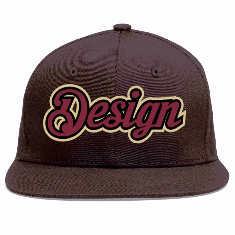 Baseball Cap With Fun Patches-Custom Brown Crimson-Black Flat Eaves Sport Baseball Cap Design for Men/Women/Youth