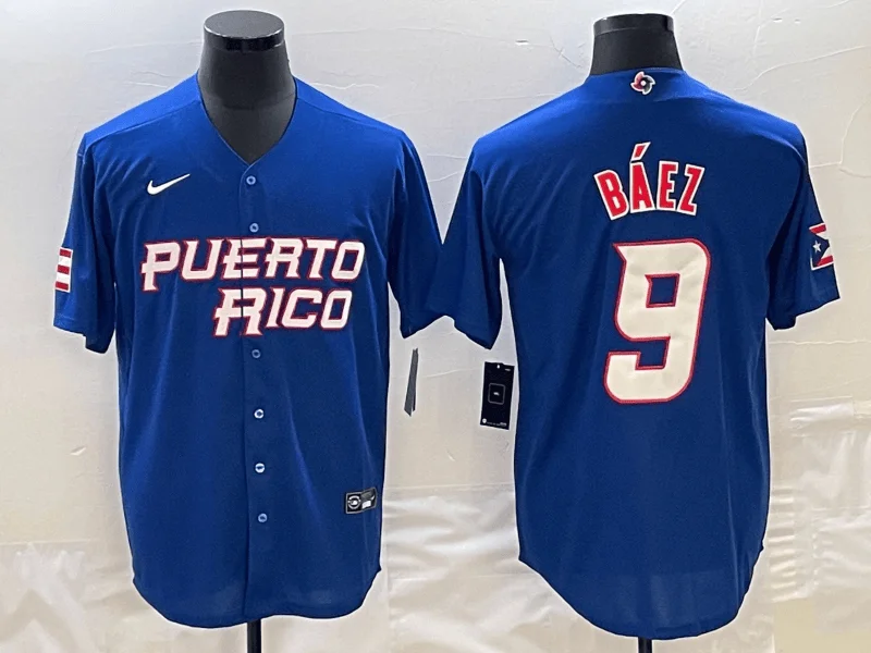 Baseball Jersey For Competitive Players-Men's Puerto Rico Baseball #9 Javier BÃ¡ez 2023 Royal World Baseball Classic Stitched Jersey