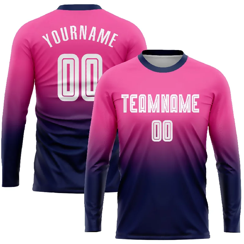 Football Jersey With Motivational Quotes-Custom Pink White-Navy Sublimation Long Sleeve Fade Fashion Soccer Uniform Jersey