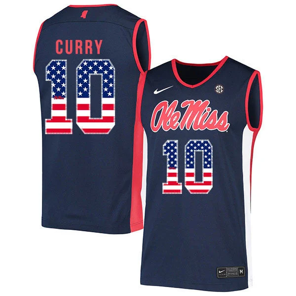 Football Jersey For Sports Teams-Basketball Jersey For Sports Teams-Ole Miss Rebels 10 Carlos Curry Navy USA Flag Basketball College Basketball Jersey