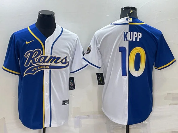 Baseball Jersey With Embroidered Names-Men's Los Angeles Rams #10 Cooper Kupp Royal/White Split With Patch Cool Base Stitched Baseball Jersey