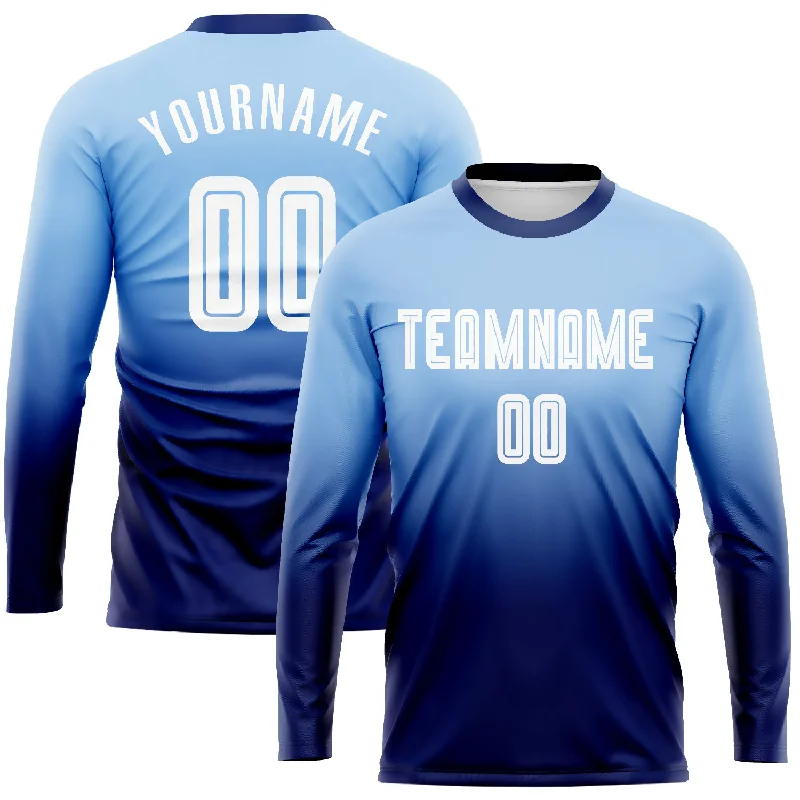 Football Jersey For Custom Player Orders-Custom Light Blue White-Navy Sublimation Long Sleeve Fade Fashion Soccer Uniform Jersey