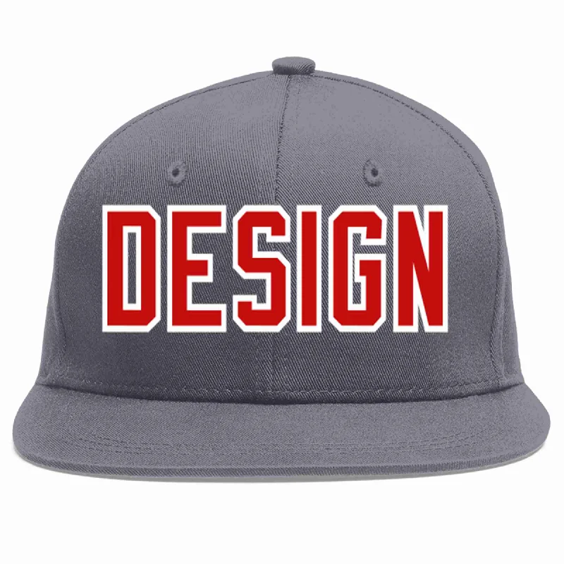 Baseball Cap For Team Celebrations-Custom Dark Gray Red-White Flat Eaves Sport Baseball Cap Design for Men/Women/Youth