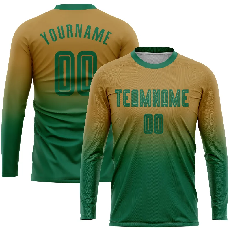 Football Jersey For Professional Teams-Custom Old Gold Kelly Green Sublimation Long Sleeve Fade Fashion Soccer Uniform Jersey