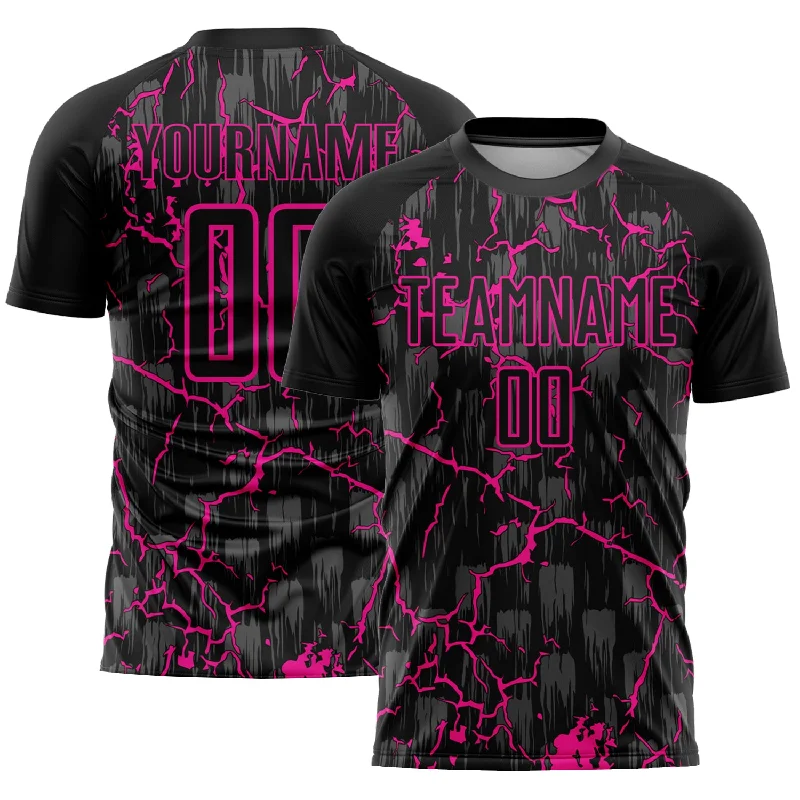 Football Jersey For Fan Apparel-Custom Black Deep Pink Lightning Sublimation Soccer Uniform Jersey