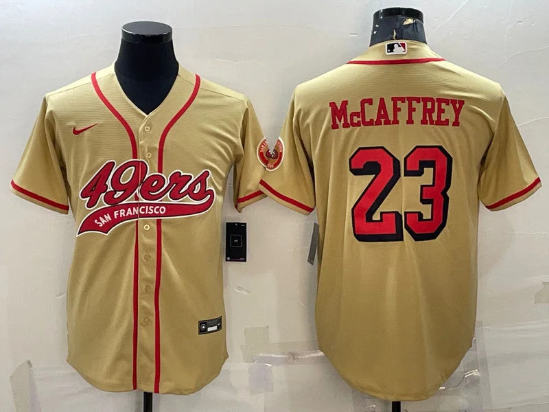 Baseball Jersey For Competitive Players-Men's San Francisco 49ers #23 Christian McCaffrey New Gold With Patch Cool Base Stitched Baseball Jersey