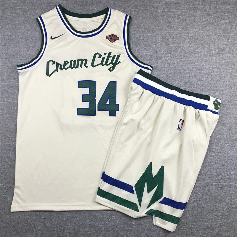 Football Jersey With Logo-Basketball Jersey With Logo-Bucks 34 Giannis Antetokounmpo Cream 2019-20 City Edition Swingman Basketball Jersey(With Shorts)