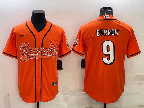 Baseball Jersey For Custom Orders With Logo-Men's Cincinnati Bengals #9 Joe Burrow Orange With Patch Cool Base Stitched Baseball Jersey