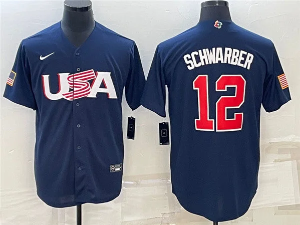 Baseball Jersey For College Players-Men's USA Baseball #12 Kyle Schwarber 2023 Navy World Baseball Classic Stitched Jersey