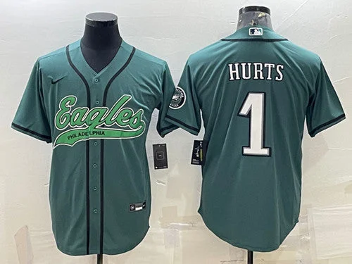 Youth Baseball Jersey-Men's Philadelphia Eagles #1 Jalen Hurts Green With Patch Cool Base Stitched Baseball Jersey