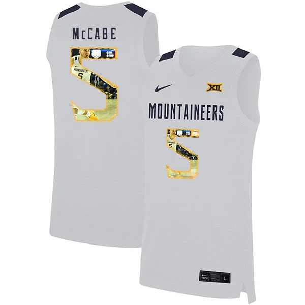 Custom Football Jersey-Custom Basketball Jersey-West Virginia Mountaineers 5 Jordan McCabe White Fashion Basketball College Basketball Jersey