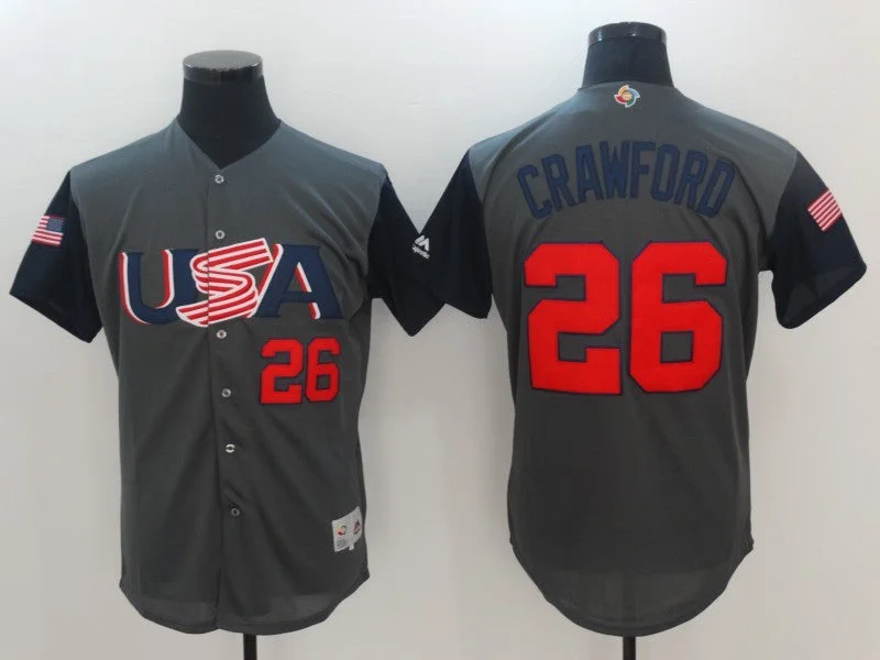 Personalized Baseball Jersey-Men's USA Baseball 26 Brandon Crawford Gray 2017 World Baseball Classic Jersey