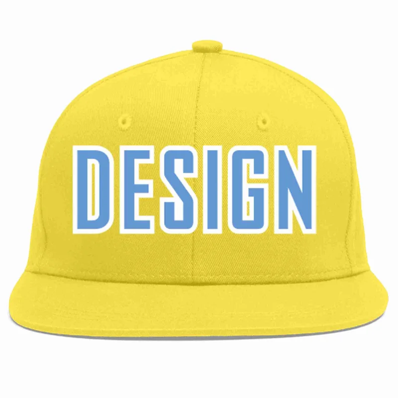 Baseball Cap For Fashion Forward Look-Custom Light Gold Light Blue-White Flat Eaves Sport Baseball Cap Design for Men/Women/Youth