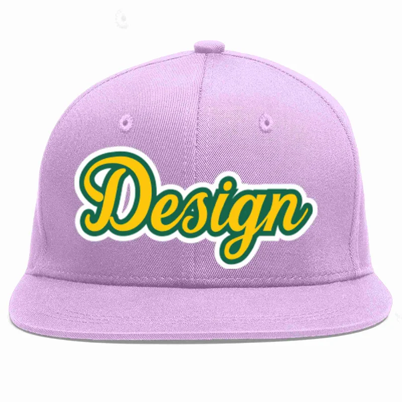 Baseball Cap For Special Occasions-Custom Light Purple Gold-Kelly Green Flat Eaves Sport Baseball Cap Design for Men/Women/Youth