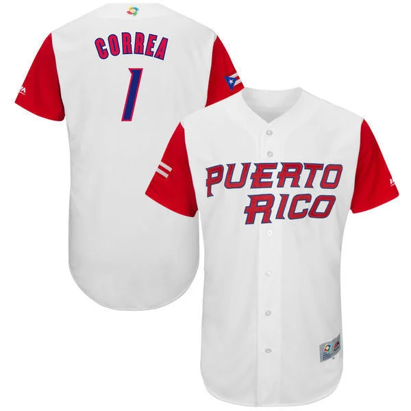 Baseball Jersey For Men-Men's Puerto Rico Baseball 1 Carlos Correa White 2017 World Baseball Classic Jersey