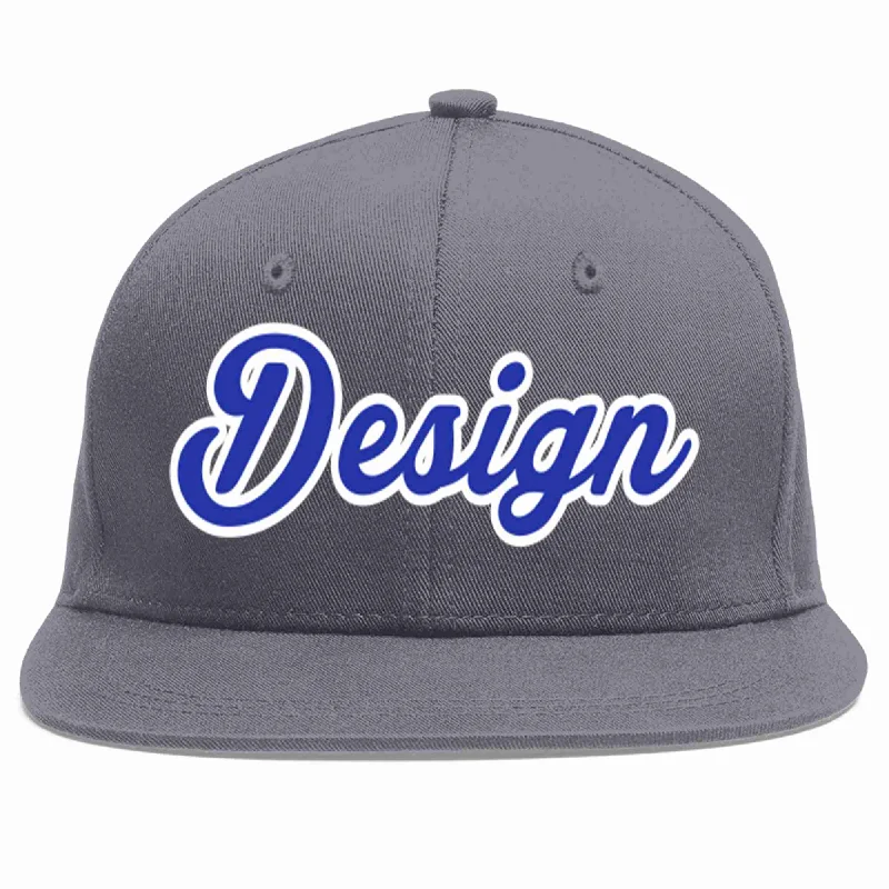 Baseball Cap For Winter Wear-Custom Dark Gray Royal-White Flat Eaves Sport Baseball Cap Design for Men/Women/Youth