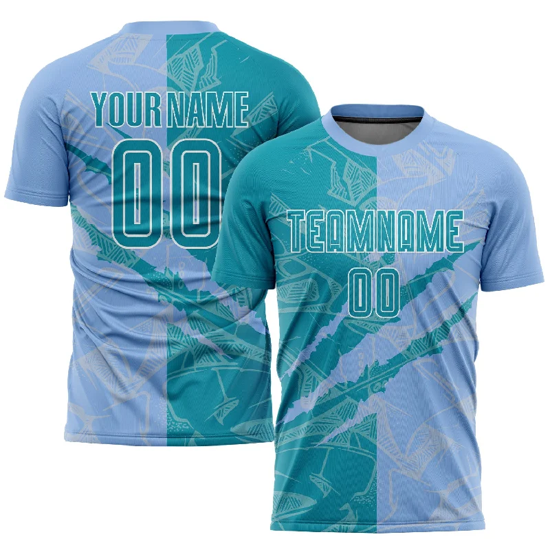 Football Jersey For Custom Orders-Custom Graffiti Pattern Teal-Light Blue Scratch Sublimation Soccer Uniform Jersey