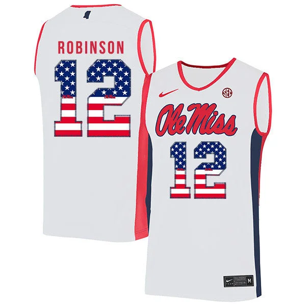 Football Jersey For Comfortable Team Uniforms-Basketball Jersey For Comfortable Team Uniforms-Ole Miss Rebels 12 Shon Robinson White USA Flag Basketball College Basketball Jersey