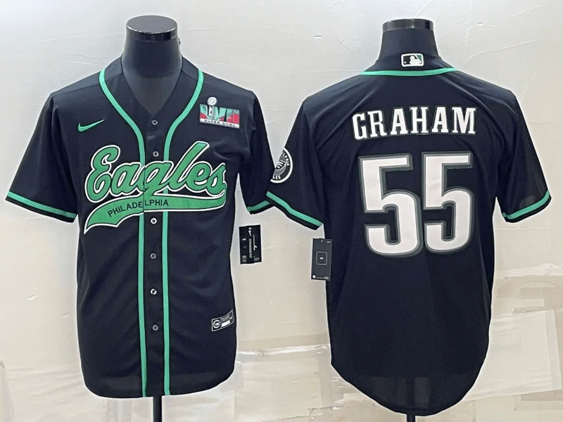 Baseball Jersey With Custom Graphics-Men's Philadelphia Eagles #55 Brandon Graham Black With Super Bowl LVII Patch Cool Base Stitched Baseball Jersey