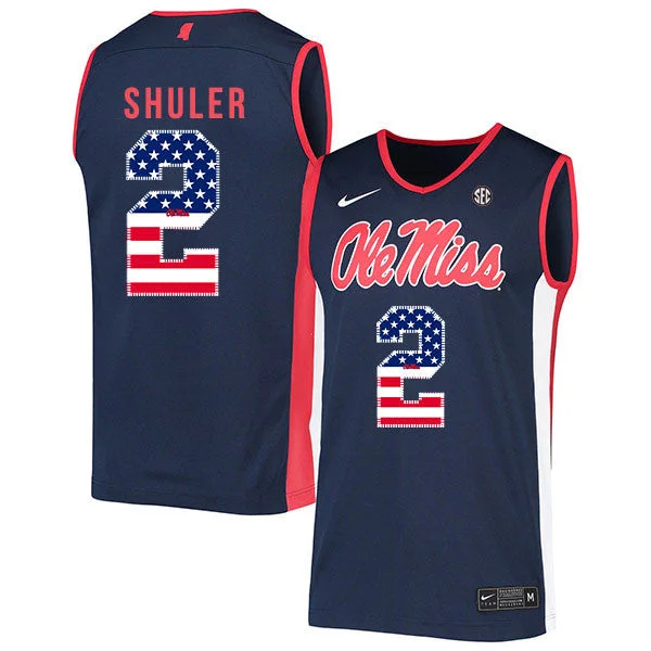 Football Jersey For Family Teams-Basketball Jersey For Family Teams-Ole Miss Rebels 2 Devontae Shuler Navy USA Flag Basketball College Basketball Jersey