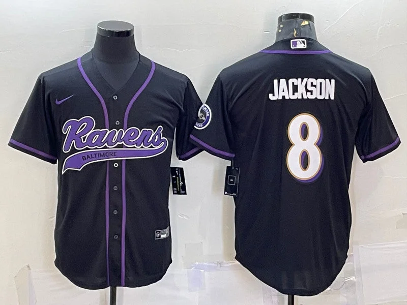 Baseball Jersey For Players-Men's Baltimore Ravens #8 Lamar Jackson Black With Patch Cool Base Stitched Baseball Jersey