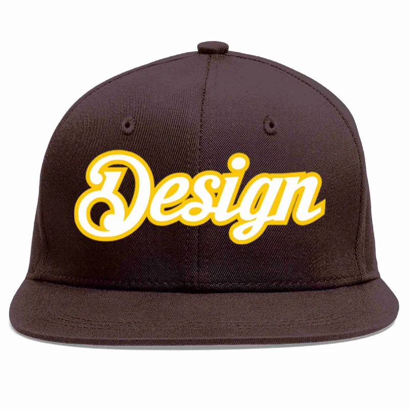 Baseball Cap For Custom Teams-Custom Brown White-Gold Flat Eaves Sport Baseball Cap Design for Men/Women/Youth