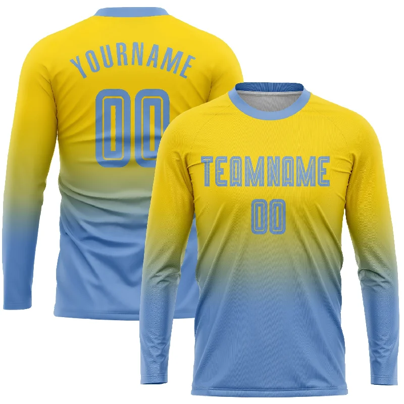 Football Jersey For Practice Sessions-Custom Gold Light Blue Sublimation Long Sleeve Fade Fashion Soccer Uniform Jersey