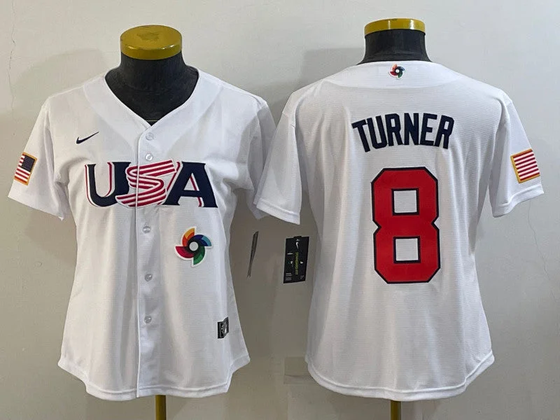 Baseball Jersey For Personalized Numbering-USA 8 Trea Turner White Women 2023 World Baseball Classic Jersey