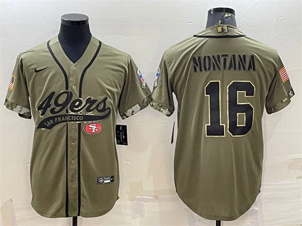 Baseball Jersey For Softball And Baseball Team Gifts-Men's San Francisco 49ers #16 Joe Montana Olive 2022 Salute to Service Cool Base Stitched Baseball Jersey