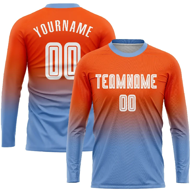 Football Jersey For Competitive Players-Custom Orange White-Light Blue Sublimation Long Sleeve Fade Fashion Soccer Uniform Jersey