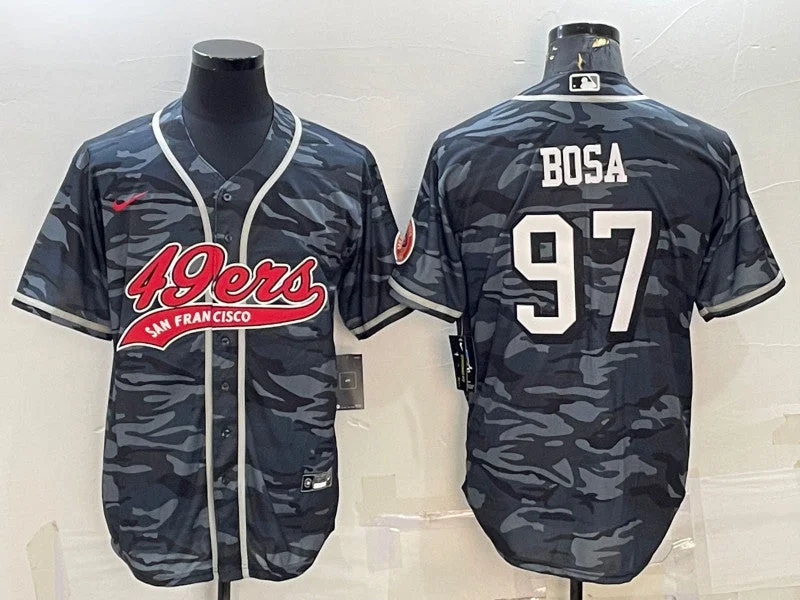 Baseball Jersey With Player Numbers-Men's San Francisco 49ers #97 Nick Bosa Gray Camo With Patch Cool Base Stitched Baseball Jersey