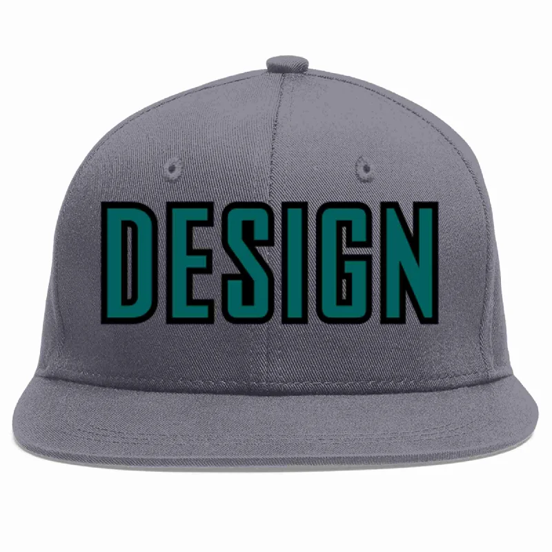 Baseball Cap For Sports Apparel-Custom Dark Gray Aqua-Black Flat Eaves Sport Baseball Cap Design for Men/Women/Youth