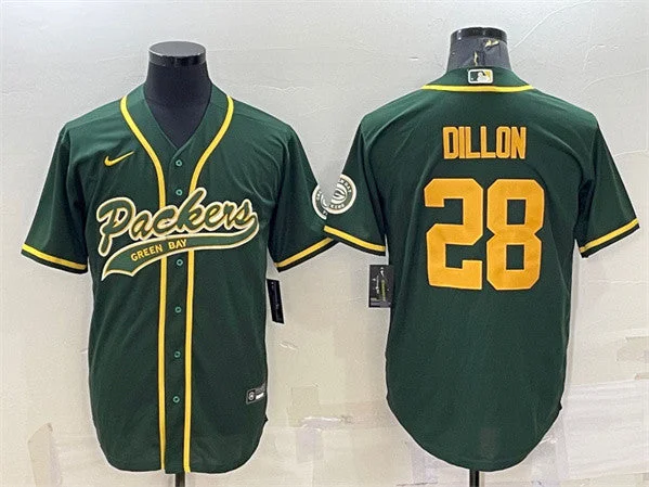 Baseball Jersey For Coaches-Men's Green Bay Packers #28 A.J. Dillon Green Gold With Patch Cool Base Stitched Baseball Jersey