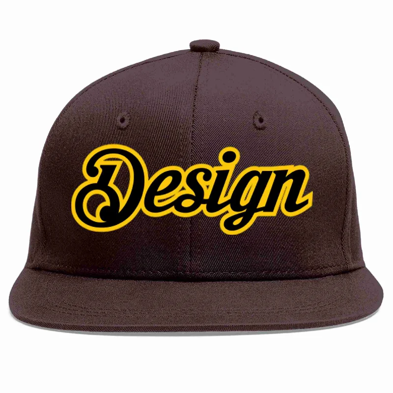 Baseball Cap With Custom Art-Custom Brown Black-Gold Flat Eaves Sport Baseball Cap Design for Men/Women/Youth