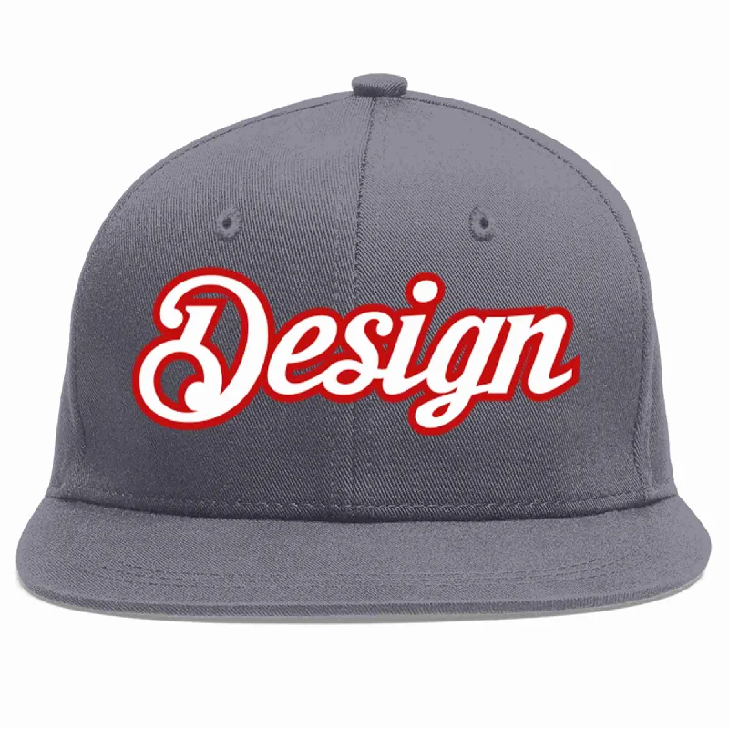 Baseball Cap For Trendy Fashion-Custom Dark Gray White-Red Flat Eaves Sport Baseball Cap Design for Men/Women/Youth