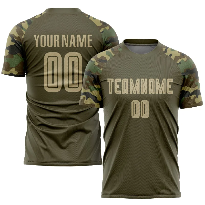 Football Jersey For Football Enthusiasts-Custom Olive Vegas Gold-Camo Sublimation Salute To Service Soccer Uniform Jersey