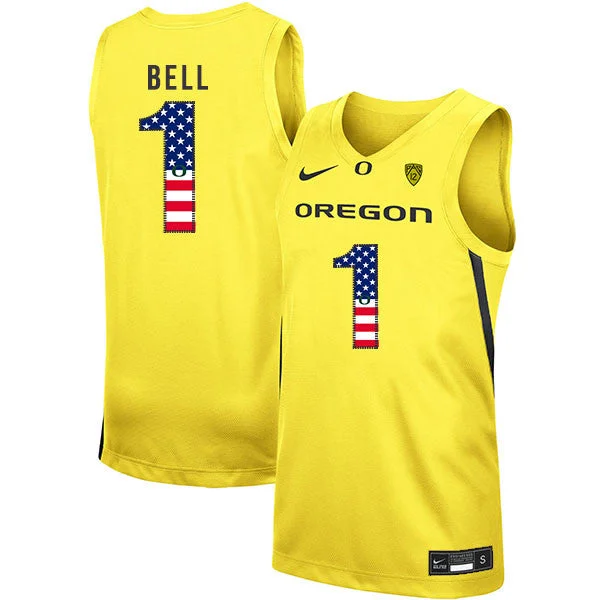 Football Jersey With Padded Inserts-Basketball Jersey With Padded Inserts-Oregon Ducks 1 Jordan Bell Yellow USA Flag College Basketball Basketball Jersey