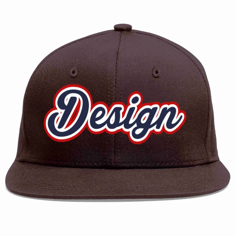 Baseball Cap For Team Spirit-Custom Brown Navy-White Flat Eaves Sport Baseball Cap Design for Men/Women/Youth