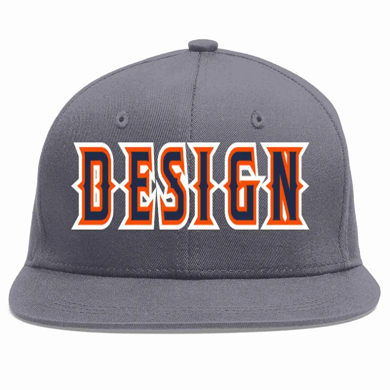 Personalized Baseball Cap-Custom Dark Gray Navy-Orange Flat Eaves Sport Baseball Cap Design for Men/Women/Youth