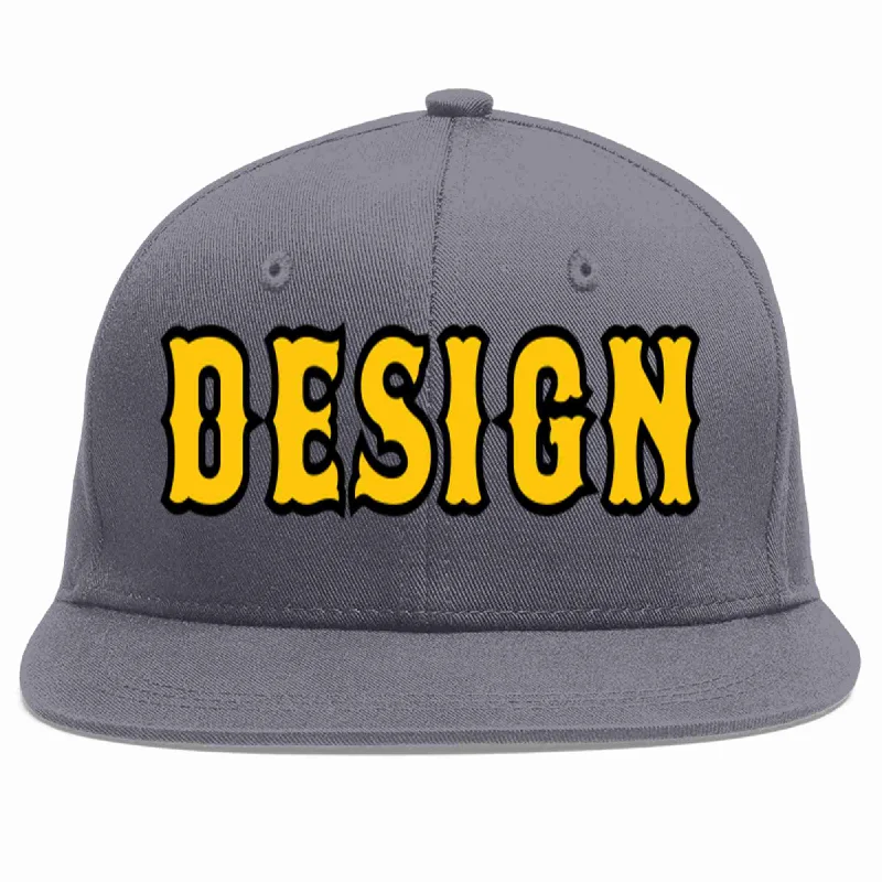 Baseball Cap With Custom Print-Custom Dark Gray Gold-Black Flat Eaves Sport Baseball Cap Design for Men/Women/Youth