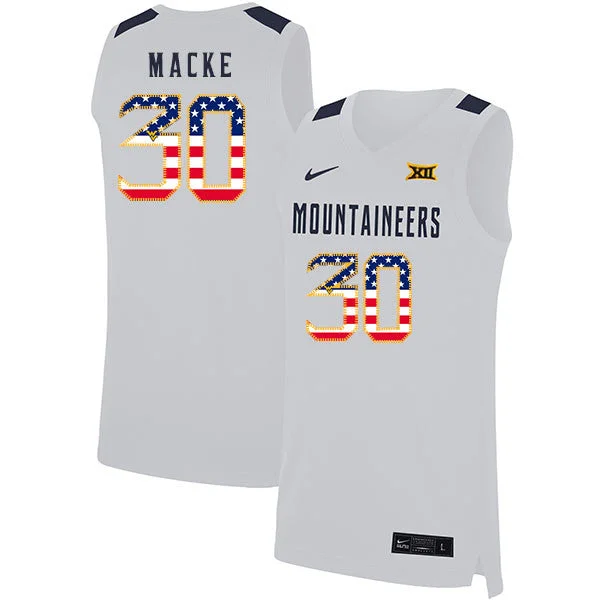 Football Jersey For League-Specific Design-Basketball Jersey For League-Specific Design-West Virginia Mountaineers 30 Spencer Macke White USA Flag Basketball College Basketball Jersey