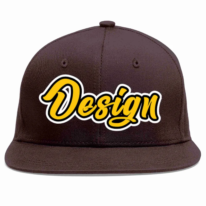 Baseball Cap For Promotional Use-Custom Brown Gold-Black Flat Eaves Sport Baseball Cap Design for Men/Women/Youth