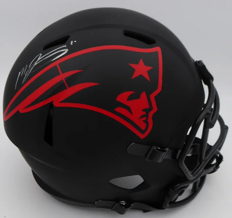 Rugby Helmet With Advanced Technology-Mac Jones Autographed New England Patriots Eclipse Black Full Size Replica Speed Helmet (Light Auto) Beckett BAS QR #WS86060