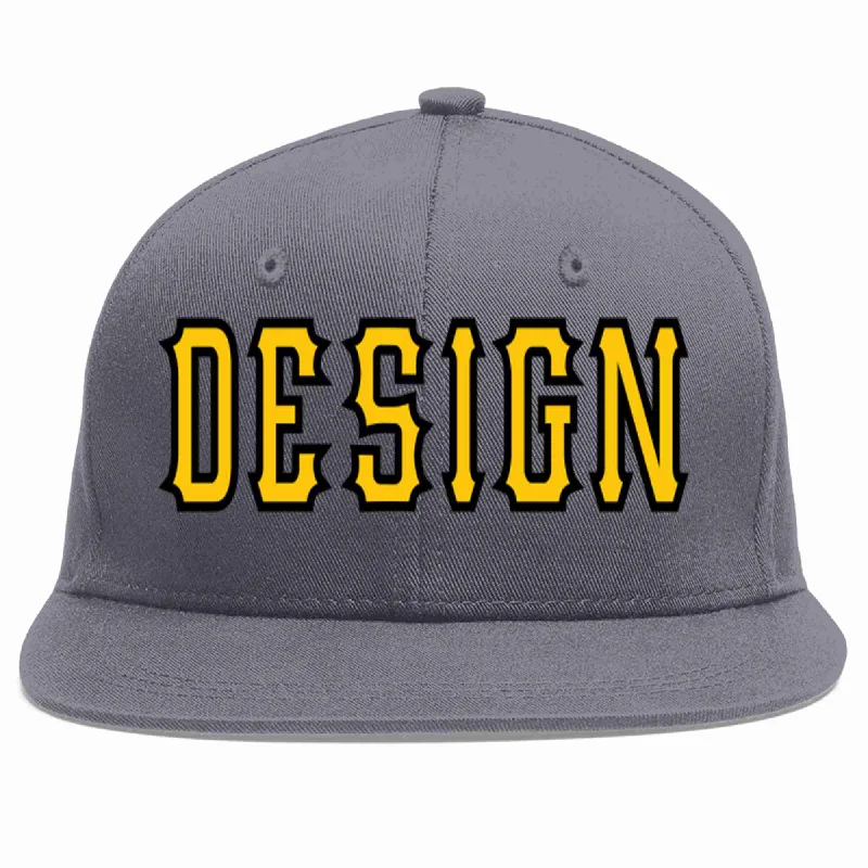 Baseball Cap With Embroidered Designs-Custom Dark Gray Gold-Black Flat Eaves Sport Baseball Cap Design for Men/Women/Youth