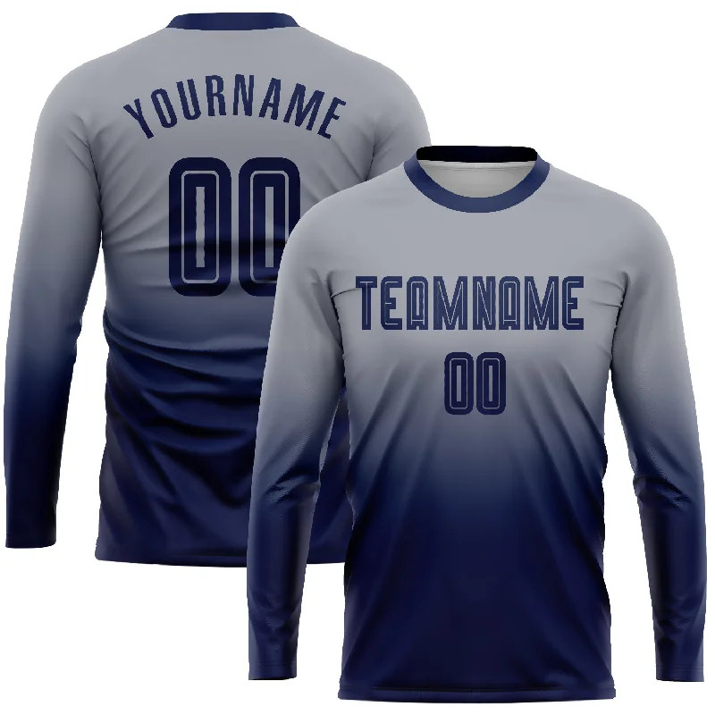 Football Jersey For Official Merchandise-Custom Gray Navy Sublimation Long Sleeve Fade Fashion Soccer Uniform Jersey