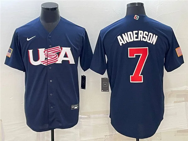 Baseball Jersey For Tournament Teams-Men's USA Baseball #7 Tim Anderson 2023 Navy World Baseball Classic Stitched Jersey