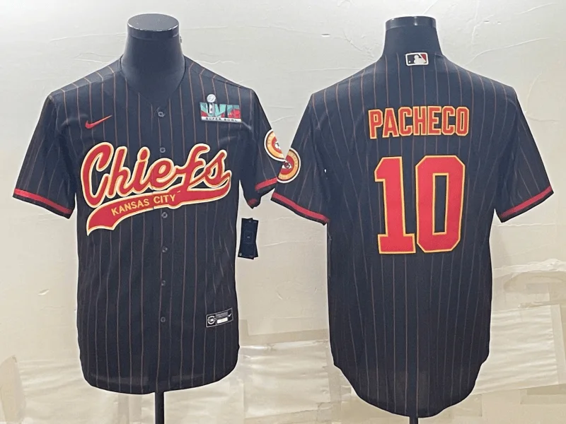 Baseball Jersey With Number And Name-Men's Kansas City Chiefs #10 Isiah Pacheco Black With Super Bowl LVII Patch Cool Base Stitched Baseball Jersey