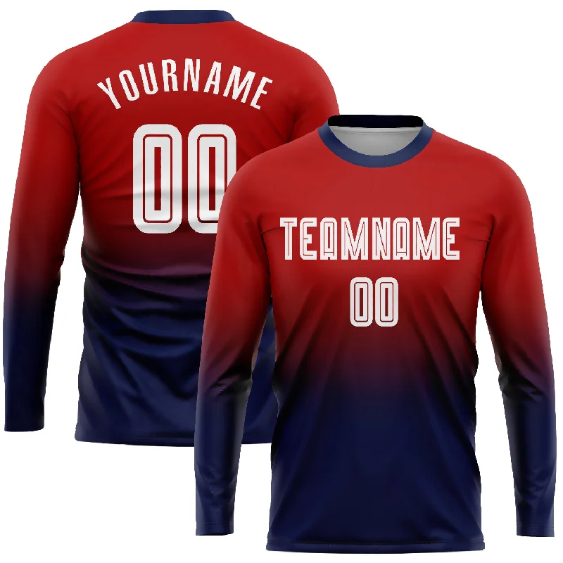 Football Jersey For Game Uniforms-Custom Red White-Navy Sublimation Long Sleeve Fade Fashion Soccer Uniform Jersey